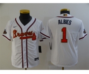 Youth Atlanta Braves #1 Ozzie Albies 2022 White Gold World Series Champions Program Cool Base Stitched Baseball Jersey