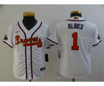 Youth Atlanta Braves #1 Ozzie Albies 2022 White Gold World Series Champions Program Cool Base Stitched Baseball Jersey