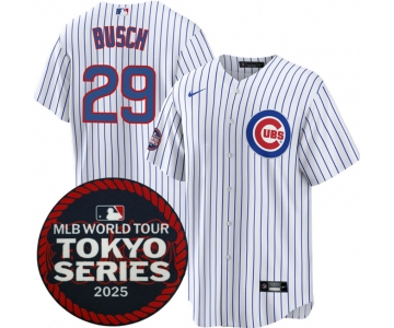 Men's Chicago Cubs #29 Michael Busch White 2025 World Tour Tokyo Series Home Stitched Baseball Jersey