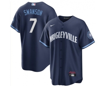 Men's Chicago Cubs #7 Dansby Swanson Navy City Connect Cool Base Stitched Baseball Jersey