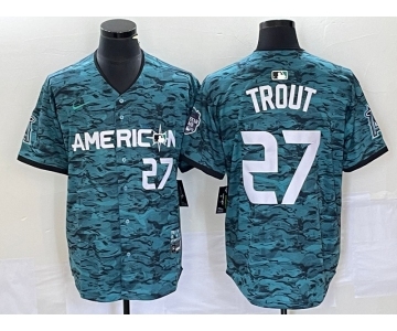 Men's Los Angeles Angels #27 Mike Trout Number Teal 2023 All Star Cool Base Stitched Jersey3