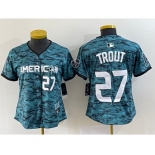 Women's Los Angeles Angels #27 Mike Trout Number Teal 2023 All Star Cool Base Stitched Jersey