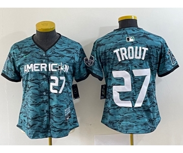 Women's Los Angeles Angels #27 Mike Trout Number Teal 2023 All Star Cool Base Stitched Jersey