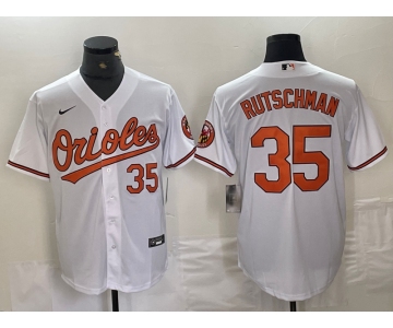 Men's Baltimore Orioles #35 Adley Rutschman Number White Stitched Cool Base Nike Jersey