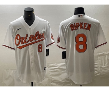 Men's Baltimore Orioles #8 Cal Ripken Jr Number White Cool Base Stitched Jersey