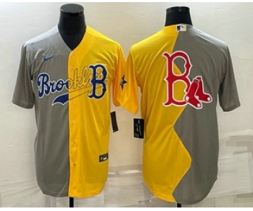 Men's Boston Red Sox Big Logo Grey Yellow Split Cool Base Stitched Jersey