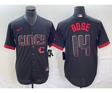 Men's Cincinnati Reds #14 Pete Rose Black 2023 City Connect Cool Base Stitched Jersey 1