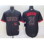 Men's Cincinnati Reds #21 Hunter Greene Black 2023 City Connect Cool Base Stitched Jersey