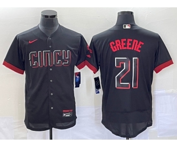 Men's Cincinnati Reds #21 Hunter Greene Black 2023 City Connect Flex Base Stitched Jersey 1