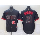 Men's Cincinnati Reds #21 Hunter Greene Number Black 2023 City Connect Cool Base Stitched Jersey1