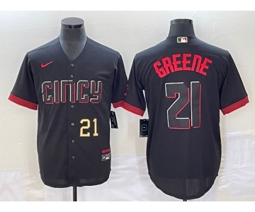 Men's Cincinnati Reds #21 Hunter Greene Number Black 2023 City Connect Cool Base Stitched Jersey