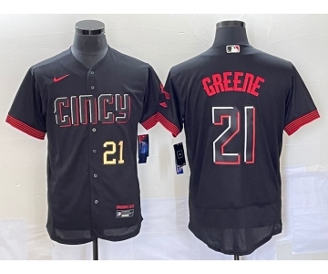 Men's Cincinnati Reds #21 Hunter Greene Number Black 2023 City Connect Flex Base Stitched Jersey 1