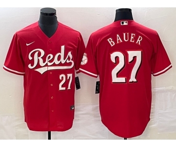 Men's Cincinnati Reds #27 Trevor Bauer Number Red Stitched MLB Cool Base Nike Jersey