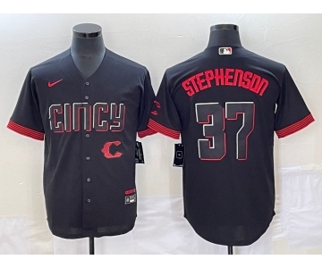 Men's Cincinnati Reds #37 Tyler Stephenson Black 2023 City Connect Cool Base Stitched Jersey1