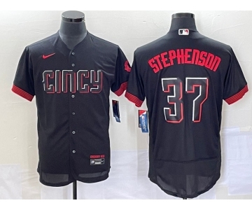 Men's Cincinnati Reds #37 Tyler Stephenson Black 2023 City Connect Flex Base Stitched Jersey 1