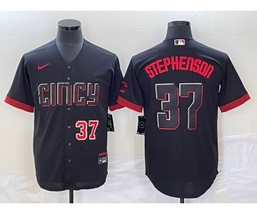 Men's Cincinnati Reds #37 Tyler Stephenson Number Black 2023 City Connect Cool Base Stitched Jersey1