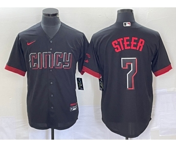 Men's Cincinnati Reds #7 Spencer Steer Black 2023 City Connect Cool Base Stitched Baseball Jersey 1