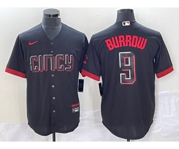 Men's Cincinnati Reds #9 Joe Burrow Black 2023 City Connect Cool Base Stitched Baseball Jersey