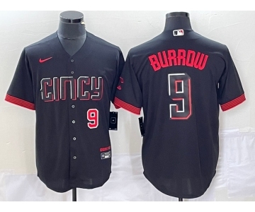 Men's Cincinnati Reds #9 Joe Burrow Number Black 2023 City Connect Cool Base Stitched Baseball Jersey