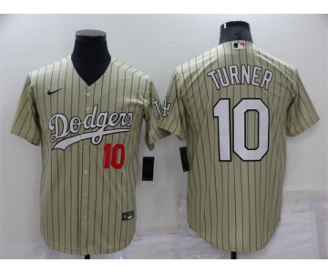 Men's Los Angeles Dodgers #10 Justin Turner Cream Pinstripe Stitched MLB Cool Base Nike Jersey