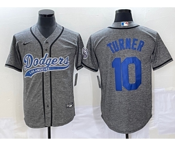 Men's Los Angeles Dodgers #10 Justin Turner Grey Gridiron Cool Base Stitched Baseball Jersey