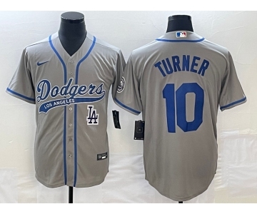 Men's Los Angeles Dodgers #10 Justin Turner Grey With Patch Cool Base Stitched Baseball Jersey