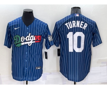 Men's Los Angeles Dodgers #10 Justin Turner Navy Blue Pinstripe 2020 World Series Cool Base Nike Jersey