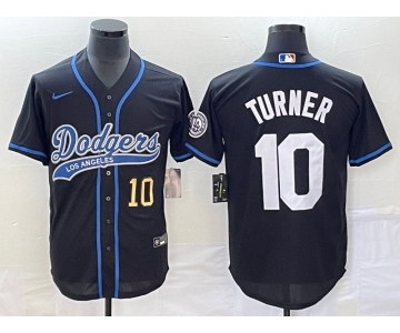 Men's Los Angeles Dodgers #10 Justin Turner Number Black With Patch Cool Base Stitched Baseball Jersey