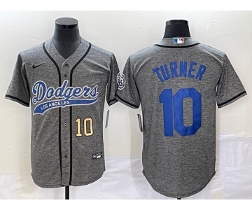 Men's Los Angeles Dodgers #10 Justin Turner Number Grey Gridiron Cool Base Stitched Baseball Jersey