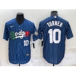 Mens Los Angeles Dodgers #10 Justin Turner Number Navy Blue Pinstripe 2020 World Series Cool Base Nike Jersey