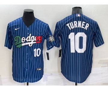 Men's Los Angeles Dodgers #10 Justin Turner Number Navy Blue Pinstripe 2020 World Series Cool Base Nike Jersey