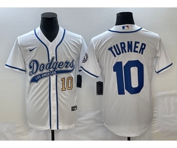 Men's Los Angeles Dodgers #10 Justin Turner Number White With Patch Cool Base Stitched Baseball Jersey