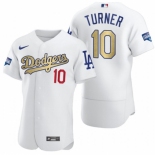 Men's Los Angeles Dodgers #10 Justin Turner Olive Gold 2020 World Series Champions Authentic Jersey