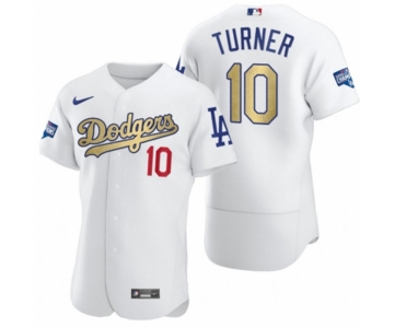 Men's Los Angeles Dodgers #10 Justin Turner Olive Gold 2020 World Series Champions Authentic Jersey