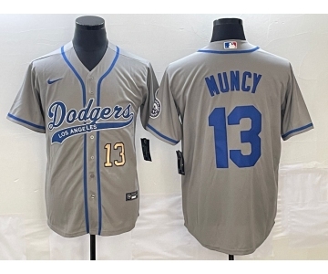 Men's Los Angeles Dodgers #13 Max Muncy Number Grey With Patch Cool Base Stitched Baseball Jersey