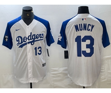 Mens Los Angeles Dodgers #13 Max Muncy Number White Blue Fashion Stitched Cool Base Limited Jersey