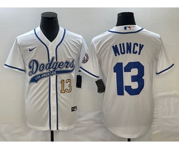 Men's Los Angeles Dodgers #13 Max Muncy Number White With Patch Cool Base Stitched Baseball Jersey