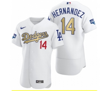 Men's Los Angeles Dodgers #14 Enrique Hernandez Olive Gold 2020 World Series Champions Authentic Jersey