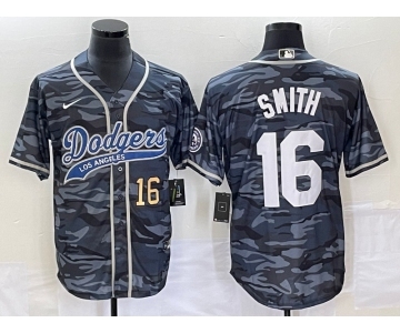 Men's Los Angeles Dodgers #16 Will Smith Number Gray Camo Cool Base With Patch Stitched Baseball Jersey