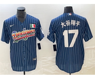 Mens Los Angeles Dodgers #17 大谷翔平 Navy Cool Base With Patch Stitched Baseball Jersey