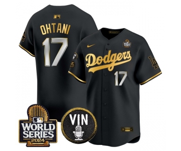 Men's Los Angeles Dodgers #17 Shohei Ohtani Black Gold 2024 World Series Vin & Kobe Patch Limited Stitched Baseball Jersey