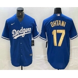 Men's Los Angeles Dodgers #17 Shohei Ohtani Blue Gold Stitched Cool Base Nike Jersey