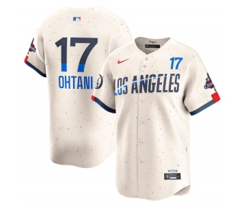 Men's Los Angeles Dodgers #17 Shohei Ohtani Cream 2024 World Series Champions City Connect Limited Stitched Baseball Jersey