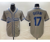 Men's Los Angeles Dodgers #17 Shohei Ohtani Gray Cool Base With Patch Stitched Baseball Jersey