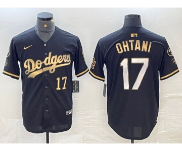 Men's Los Angeles Dodgers #17 Shohei Ohtani Number Black Gold Stitched Cool Base Nike Jersey