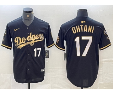 Men's Los Angeles Dodgers #17 Shohei Ohtani Number Black Gold Stitched Cool Base Nike Jerseys