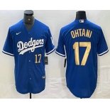 Men's Los Angeles Dodgers #17 Shohei Ohtani Number Blue Gold Stitched Cool Base Nike Jersey