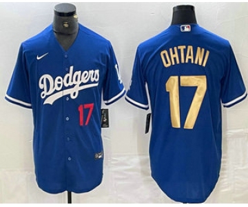 Men's Los Angeles Dodgers #17 Shohei Ohtani Number Blue Gold Stitched Cool Base Nike Jerseys