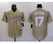 Men's Los Angeles Dodgers #17 Shohei Ohtani Number Cream Pinstripe Cool Base Stitched Jersey