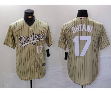 Men's Los Angeles Dodgers #17 Shohei Ohtani Number Cream Pinstripe Cool Base Stitched Jersey